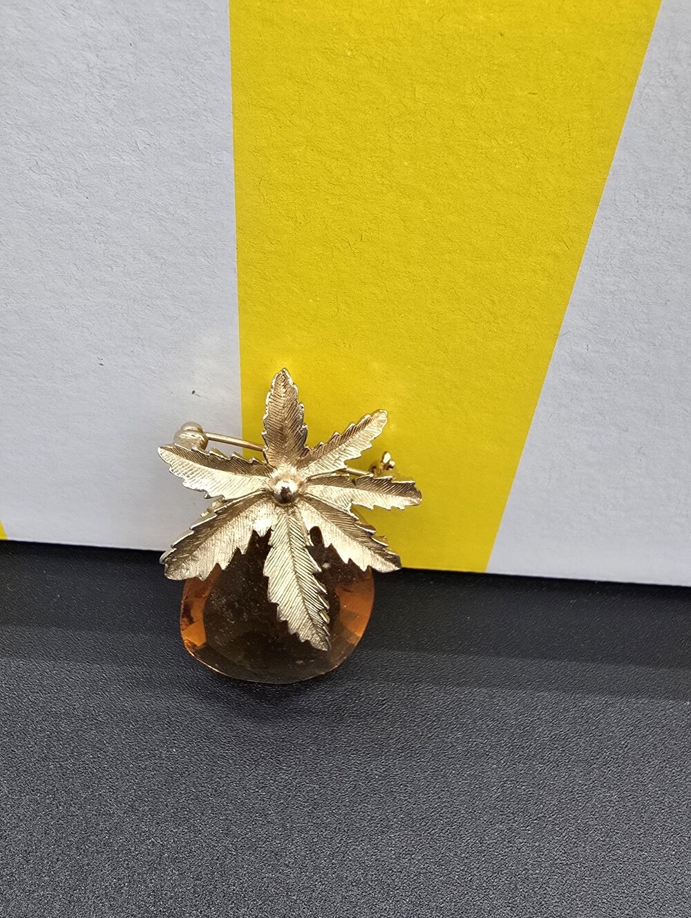 Sarah Cov Gold Leaf and Glass Amber Brooch #0925